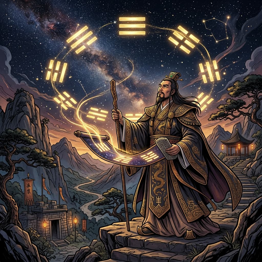Fu Xi observant les étoiles pour créer les trigrammes du Yi King
