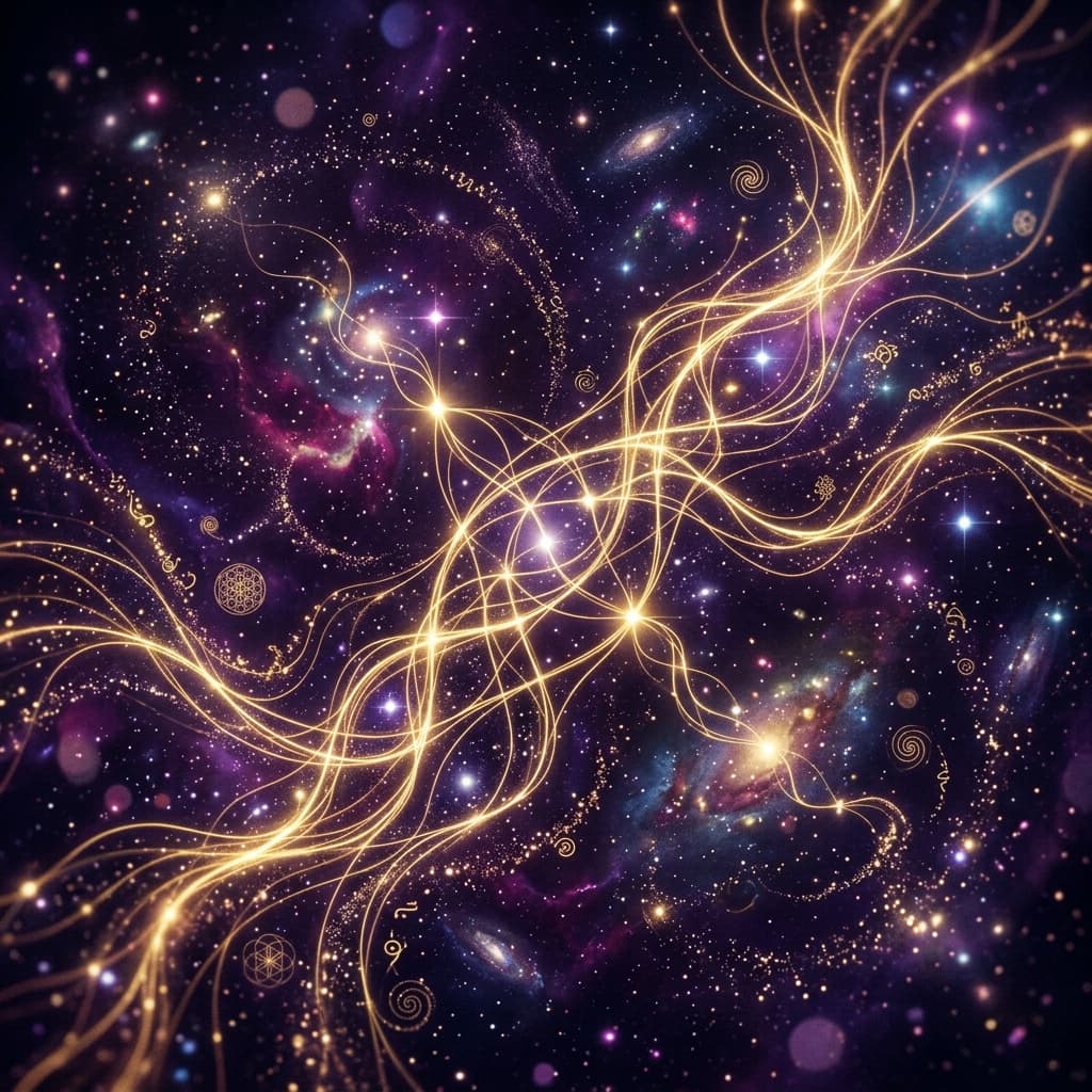Fils dorés cosmiques symbolisant la synchronicité